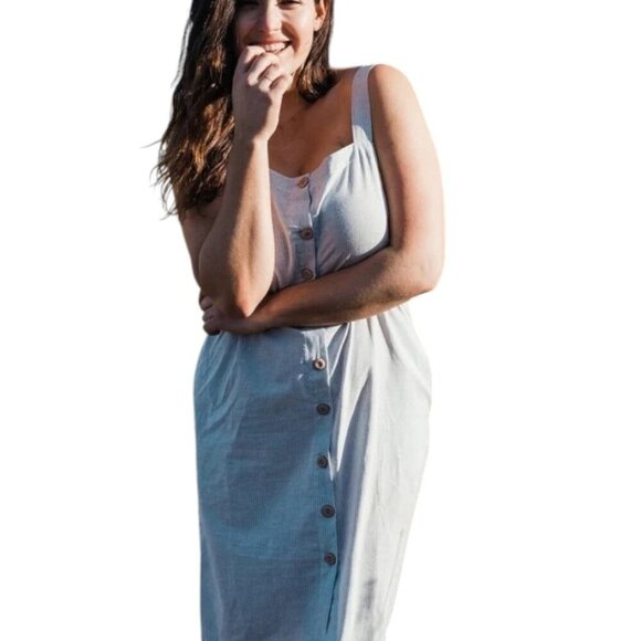 Sotela Amalfi Dress Blue White Stripe Button Front Midi Sleeveless Women's Small - Picture 1 of 14